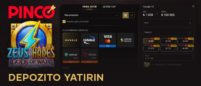 Zeus vs Hades'i gerçek parayla oynamak için Pinco'ya para yatırın